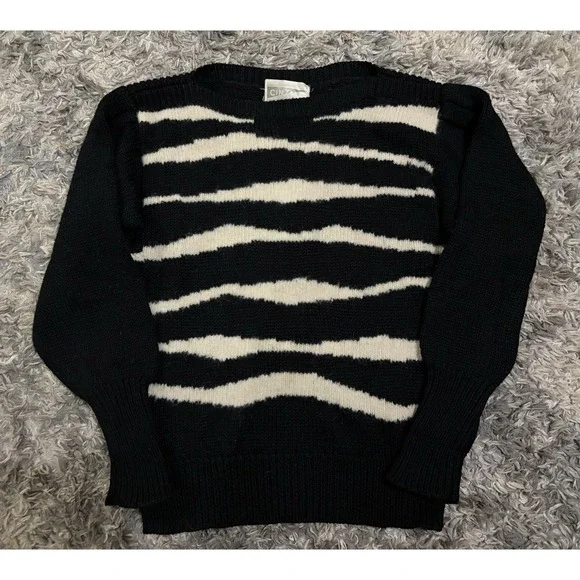 Vtg Cinzano Sweater Black White Stripes Abstract Sz 2 Acrylic Lambswool Angora - Picture 1 of 4